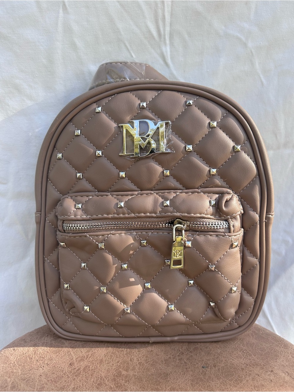 Badgley Mischka Quilted Taupe Mini Backpack with Gold Hardware